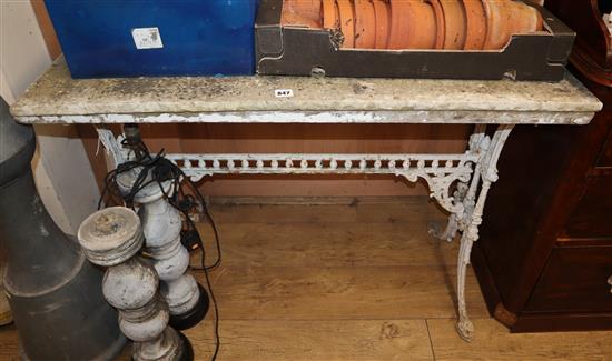 A Victorian marble top cast iron base table W.108cm